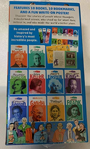 Life Stories Inspirational People 10 Books Collection with Bookmarks and a Fun write-On Poster: Mandela, Goodall, Hamilton, Johnson, Gandhi, Keller, Nightingale, Einstein, King Jr, & Frank